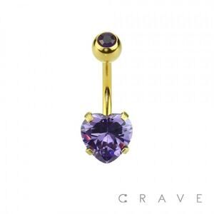 Gold Plated Prong Set Heart CZ 316L Navel Ring-Tanzanite